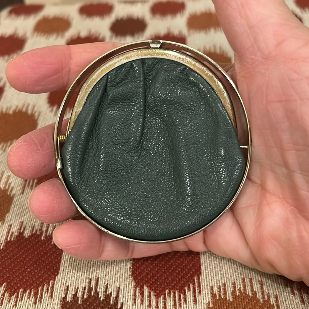 Vintage Green Leather And Metal Circular Coin Purse